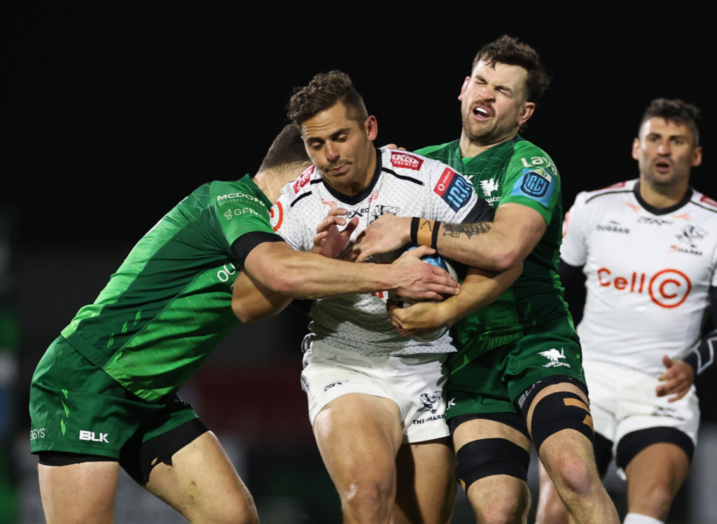 Connacht vs Cell C Sharks. Cell C Sharks' Rohan Janse van Rensburg and Connacht's Conor Oliver BKT United Rugby Championship, The Sportsground, Galway - 07 Jan 2023
