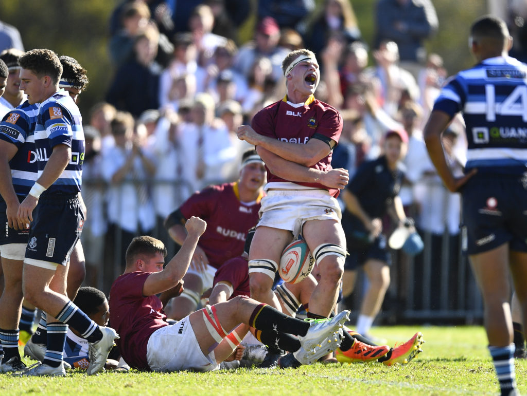 STELLENBOSCH, SOUTH AFRICA - MAY 21: Cameron Miell of Paul Roos celebrate after scoring a try during the Premier Interschools match between Paul Roos and Paarl Boys High School at Mark?tter Fields on May 21, 2022 in Stellenbosch, South Africa.