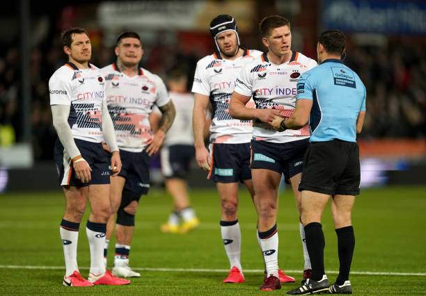 Saracens Owen Farrell speaks with the referee during the Gallagher Premiership match at Kingsholm Stadium, Gloucester. Picture date: Friday January 6, 2023.