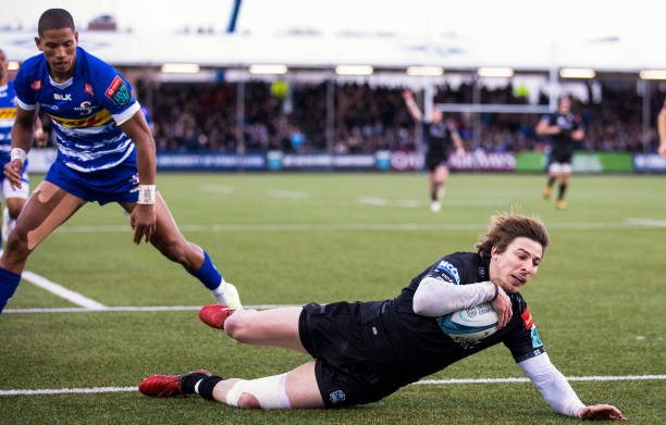 GLASGOW, SCOTLAND - JANUARY 08: Warriors' Sebastian Cancelliere scores the first try of the match during a United Rugby Championship match between Glasgow Warriors and DHL Stormers at Scotstoun, on January 08, 2023, in Glasgow, Scotland.