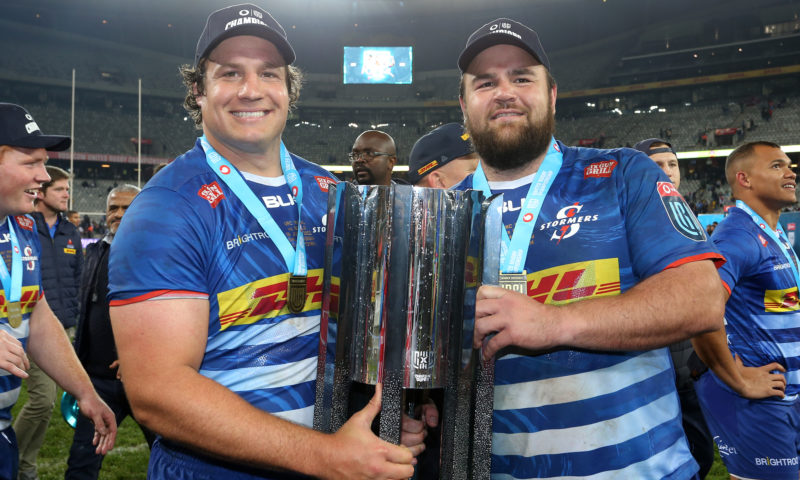 Neethling Fouche of Stormers and Frans Malherbe of Stormers celebrate winning the Vodacom United Rugby Championship during the United Rugby Championship 2021/22 Grand Final between Stormers and Bulls held at Cape Town Stadium in Cape Town, South Africa on 18 June 2022