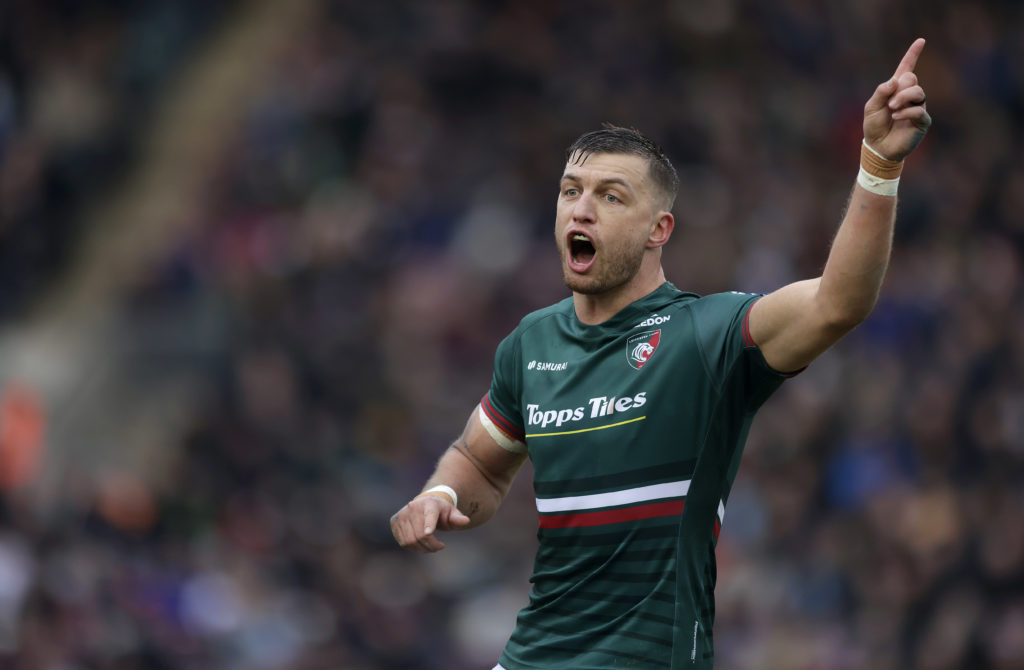 LEICESTER, ENGLAND - JANUARY 28: Handre Pollard of Leicester Tigers reacts during the Gallagher Premiership Rugby match between Leicester Tigers and Northampton Saints at Mattioli Woods Welford Road Stadium on January 28, 2023 in Leicester, England.