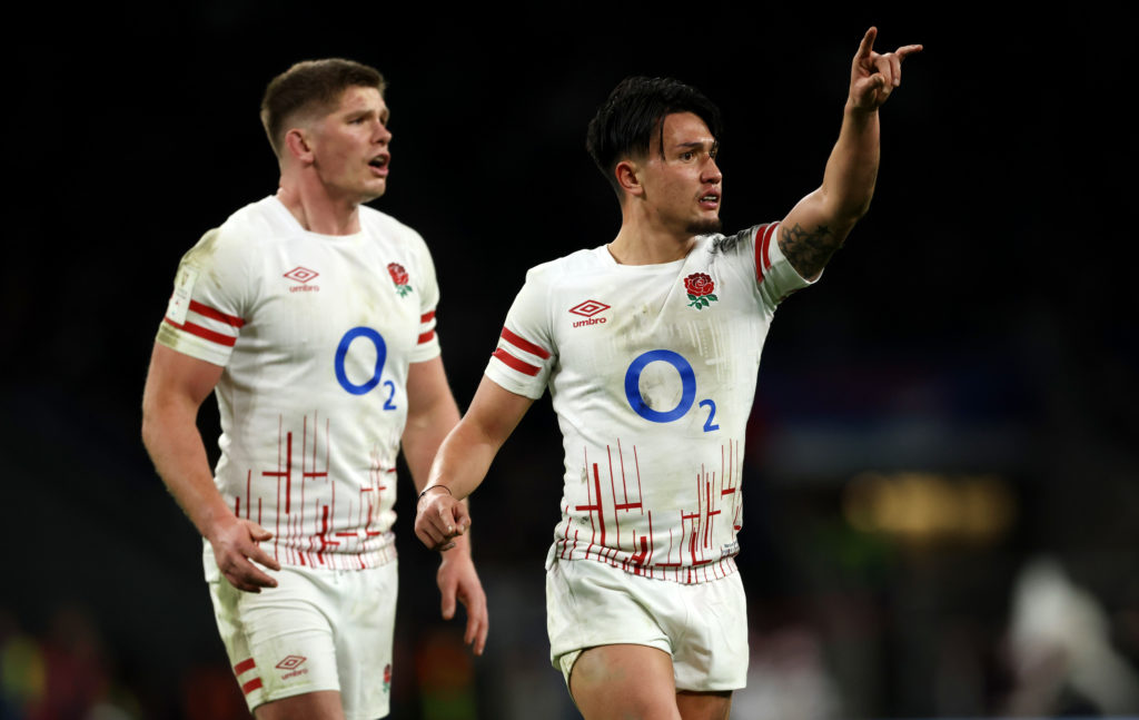 LONDON, ENGLAND - FEBRUARY 04: Owen Farrell and Marcus Smith of England react during the Six Nations Rugby match between England and Scotland at Twickenham Stadium on February 04, 2023 in London, England.