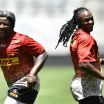 CAPE TOWN, SOUTH AFRICA - DECEMBER 03: Scarra Ntubeni and Seabelo Senatla during the DHL Stormers captain's run at DHL Stadium on December 03, 2021 in Cape Town, South Africa.