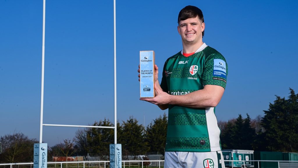 Gallagher Premiership Rugby player of the month for January is London Irish, Benhard Janse van Rensburg who poses with his trophy.