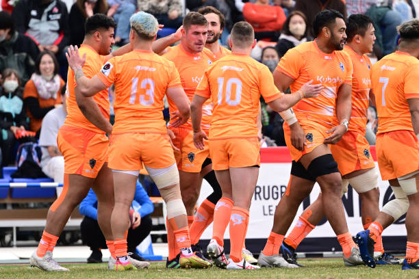 TOKYO, JAPAN - FEBRUARY 19: Malcolm Marx of Kubota Spears celebrates with teammates after make a try during the League One match between Kubota Spears Funabashi Tokyo Bay and MHI Sagamihara Dynaboars at Edogawa Athletics Stadium on February 19, 2023 in Tokyo, Japan. (
