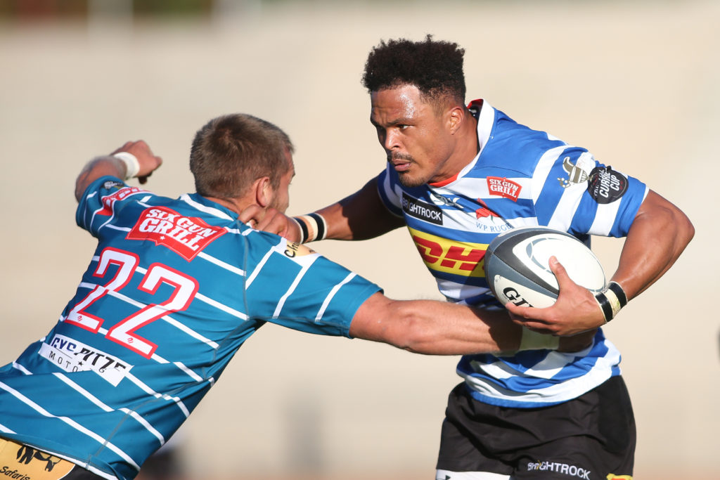 Juan de Jongh of Western Province gets past George Whitehead of Griquas attempted tackle during the Carling Currie Cup 2022 match between the Western Province and Griquas held at Danie Craven Stadium in Stellenbosch on 3 June 2022