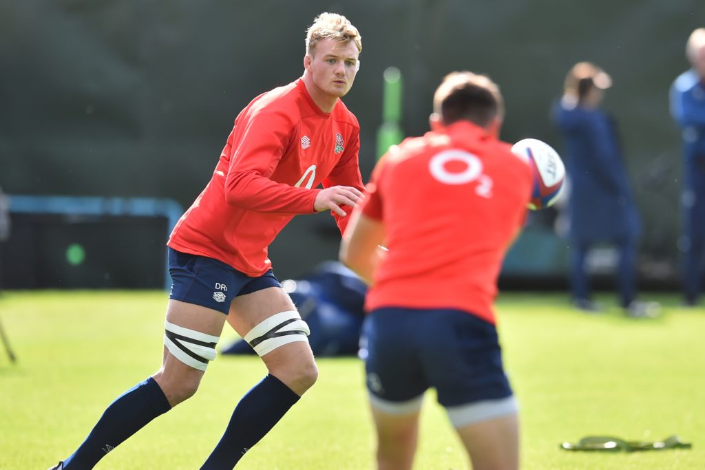 England's David Ribbans (L) attends a training session at the Lensbury Hotel in Teddington, South West London on October 22, 2020 ahead of their match against Barbarians at Twickenham.