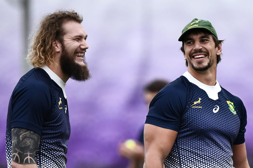 South Africa's lock RG Snyman (L) and lock Eben Etzebeth takes part in a training session at the Fuchu Asahi Football Park in Tokyo on October 16, 2019, ahead of their Japan 2019 Rugby World Cup quarter-final match against Japan. (Photo by Anne-Christine POUJOULAT / AFP)