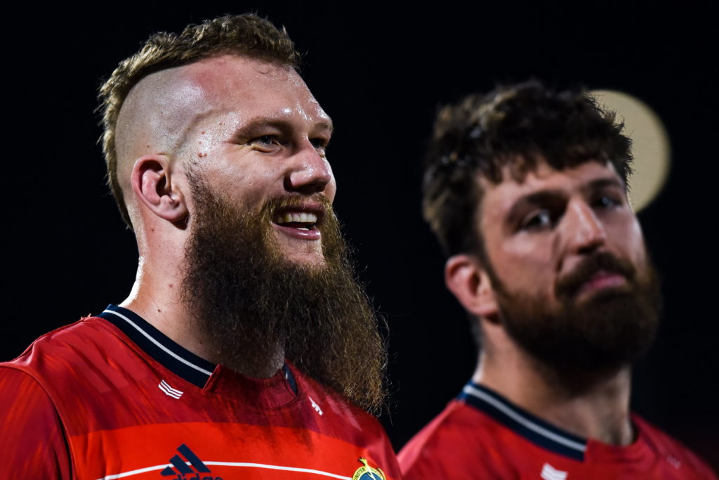 Cork , Ireland - 3 March 2023; RG Snyman, left, and Jean Kleyn of Munster after the United Rugby Championship match between Munster and Scarlets at Musgrave Park in Cork.