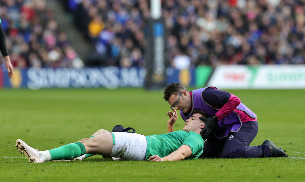 EDINBURGH, SCOTLAND - MARCH 12: Garry Ringrose of Ireland receives medical treatment during the Six Nations Rugby match between Scotland and Ireland at Murrayfield Stadium on March 12, 2023 in Edinburgh, Scotland.