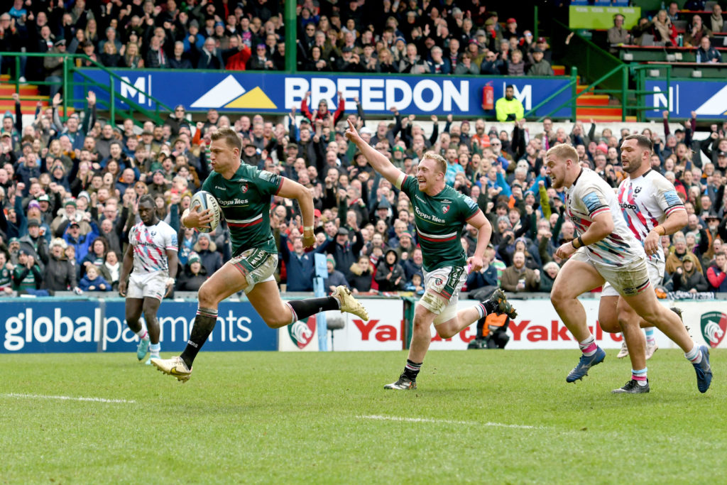 LEICESTER, ENGLAND - MARCH 25: Tommy Reffell of Leicester Tigers (c) celebrates as teammate Handre Pollard scores a try during the Gallagher Premiership Rugby match between Leicester Tigers and Bristol Bears at Mattioli Woods Welford Road Stadium on March 25, 2023 in Leicester, England.