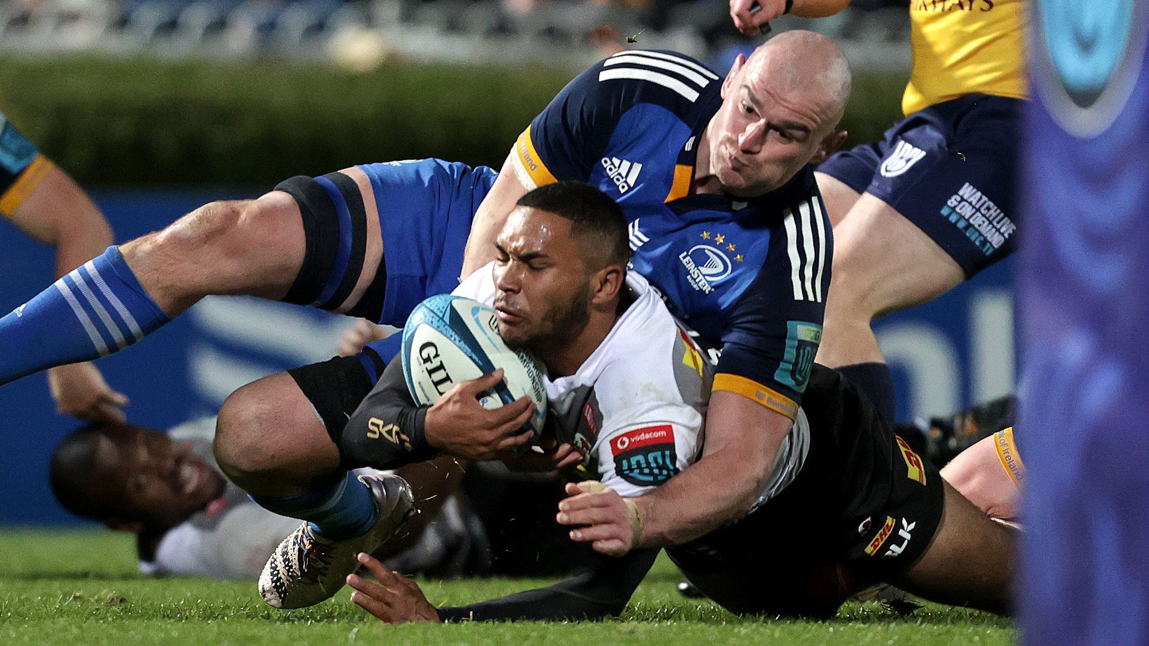 Mandatory Credit: Photo by Laszlo Geczo/INPHO/Shutterstock/BackpagePix (13844600ag) Leinster vs DHL Stormers. DHL Stormers' Suleiman Hartzenberg is tackled by Rhys Ruddock of Leinster BKT United Rugby Championship, RDS, Dublin - 24 Mar 2023