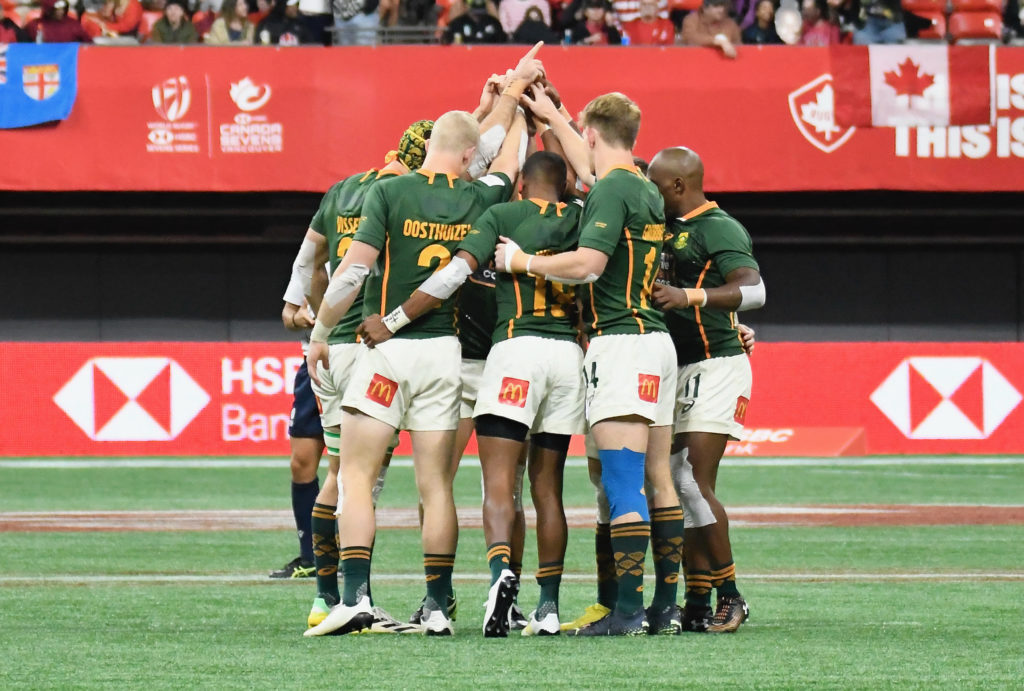 VANCOUVER, CANADA - MARCH 04: South Africa team huddle during the match between South Africa and Kenya on day 2 of the HSBC Canada Sevens at BC Place on March 04, 2023 in Vancouver, Canada.