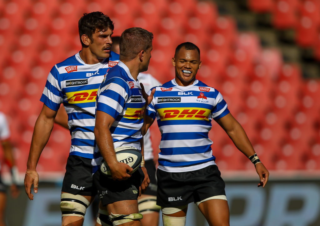 JOHANNESBURG, SOUTH AFRICA - MARCH 11: Celebrations after the try scored by Marcel Theunissen of the DHL Western Province during the Currie Cup, Premier Division match between Fidelity ADT Lions and DHL Western Province at Emirates Airline Park on March 11, 2023 in Johannesburg, South Africa.