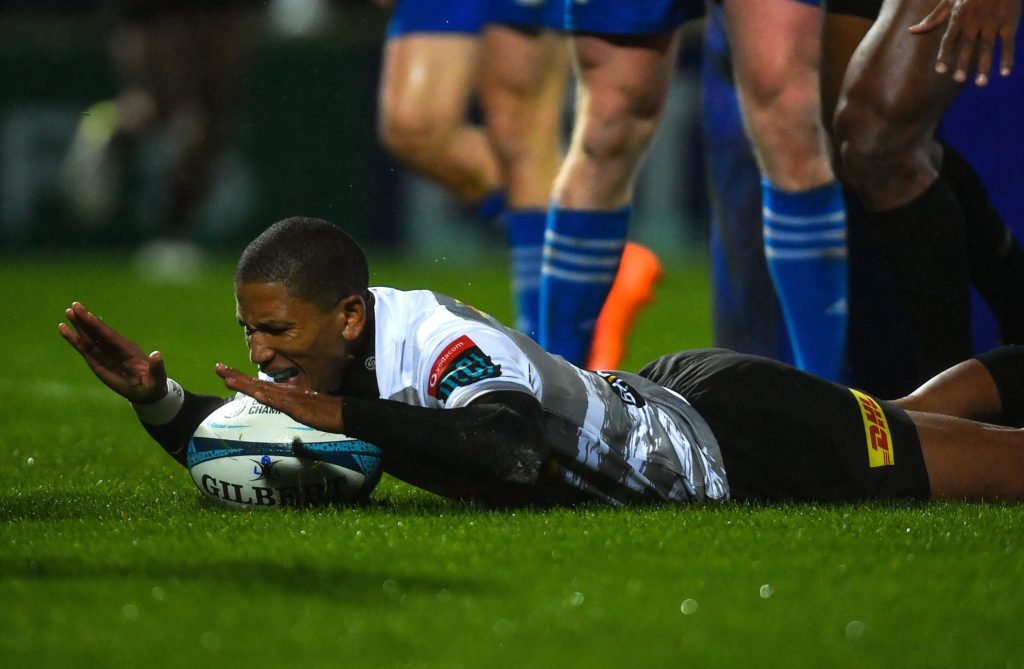 DUBLIN, IRELAND - MARCH 24: Manie Libbok of DHL Stormers celebrates after scoring his side's first try during the United Rugby Championship match between Leinster and DHL Stormers at RDS Arena on March 24, 2023 in Dublin, Ireland.