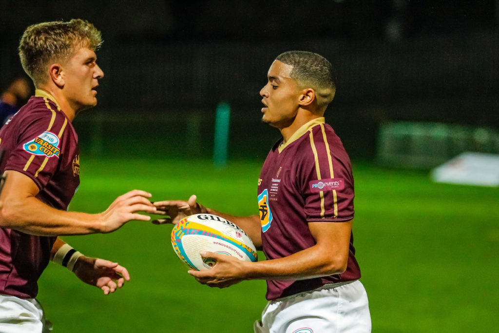 Jurie Matthee of Maties congrtulates team mate Matthew van Schalkwayk for scoring a try during the FNB Varsity Sports Rugby match between Wits University and University of Stellenbosch ( Maties ) held at Wits Rugby Stadium on the 13th March 2023