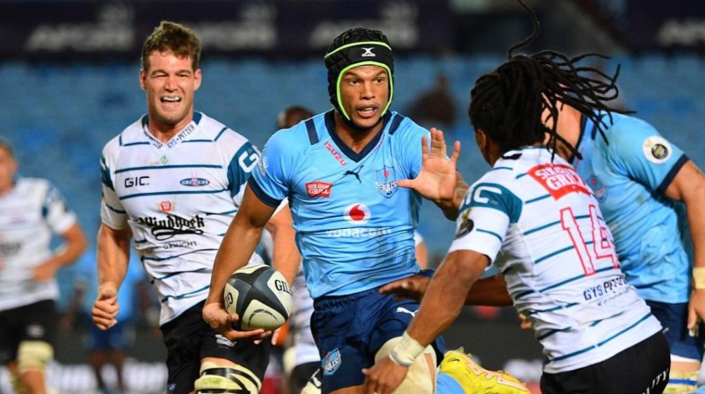 PRETORIA, SOUTH AFRICA - APRIL 07: Kurt-Lee Arendse of the Vodacom Bulls fends of Rosko Specman of the Griquas during the Currie Cup, Premier Division match between Vodacom Bulls and Windhoek Draught Griquas at Loftus Versfeld on April 07, 2023 in Pretoria, South Africa. (Photo by Gallo Images)