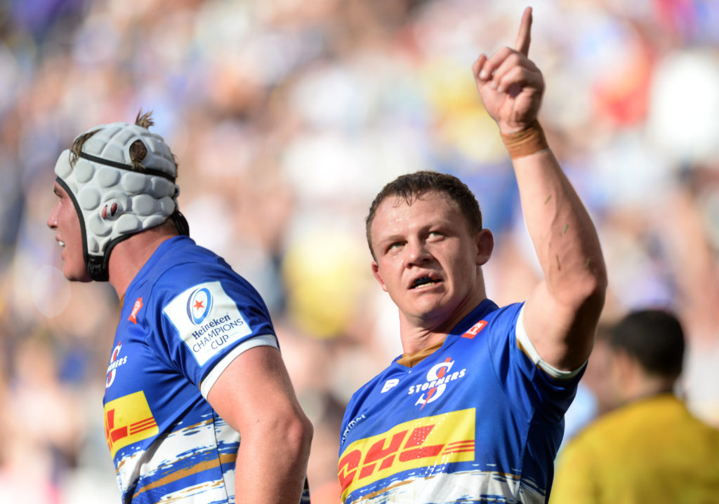 Deon Fourie of Stormers celebrates his second try of the game during the Heineken Champions Cup 2022/23 game between Stormers and Harlequins at Cape Town Stadium on 1 April 2023
