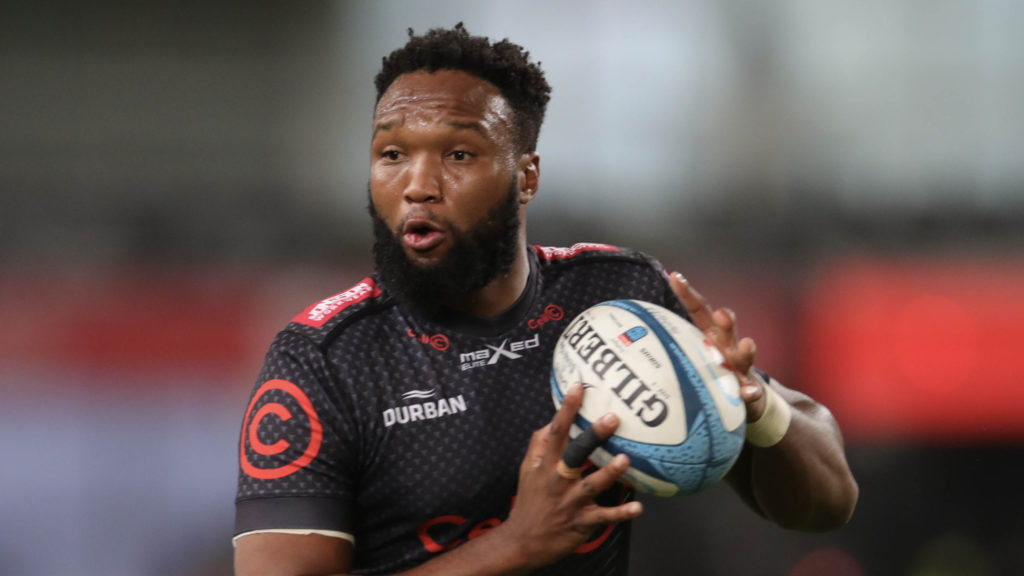 Lukhanyo AM of Sharks during the United Rugby Championship 2022/2 match between Sharks and Benetton Rugby at Kings Park in Durban on 14 April 2023 ©Samuel Shivambu/BackpagePix