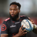 Lukhanyo AM of Sharks during the United Rugby Championship 2022/2 match between Sharks and Benetton Rugby at Kings Park in Durban on 14 April 2023 ©Samuel Shivambu/BackpagePix