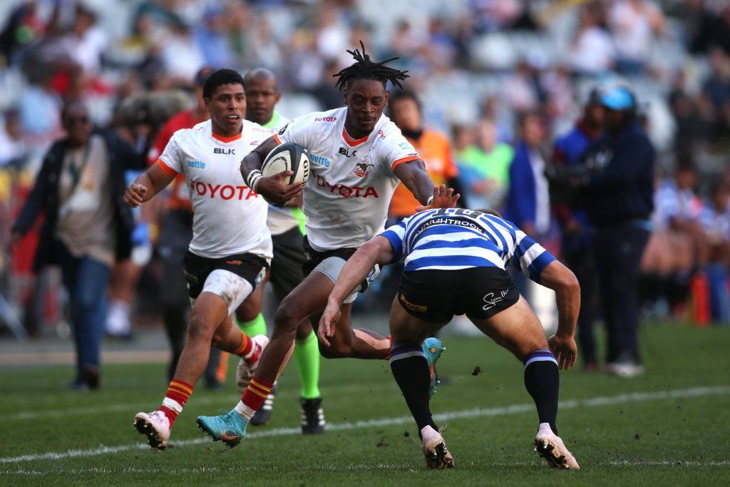 Daniel Kasende of Cheetahs attempts to get past Kade Wolhuter of Western Province attempted tackle during the 2023 Currie Cup match between Western Province and Cheetahs held at Cape Town Stadium in Cape Town on 15 April 2023