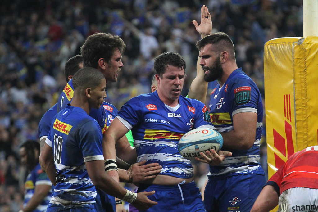 Ruhan Nel of Stormers is congratulated by Manie Libbok of Stormers, Ben-Jason Dixon of Stormers and Ruben van Heerden of Stormers during the United Rugby Championship 2022/23 match between Stormers and Munster held at Cape Town Stadium in Cape Town, South Africa on 15 April 2023