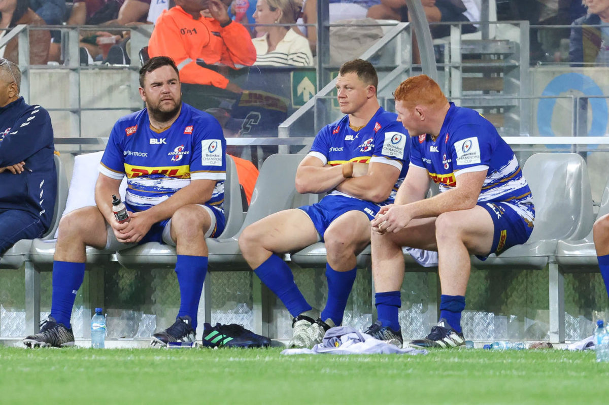 CAPE TOWN, SOUTH AFRICA - APRIL 01: Frans Malherbe, Deon Fourie and Steven Kitshoff of the DHL Stormers during the Heineken Champions Cup, pool match between DHL Stormers and London Irish at DHL Stadium on December 17, 2022 in Cape Town, South Africa. (Photo by EJ Langner/Gallo Images)