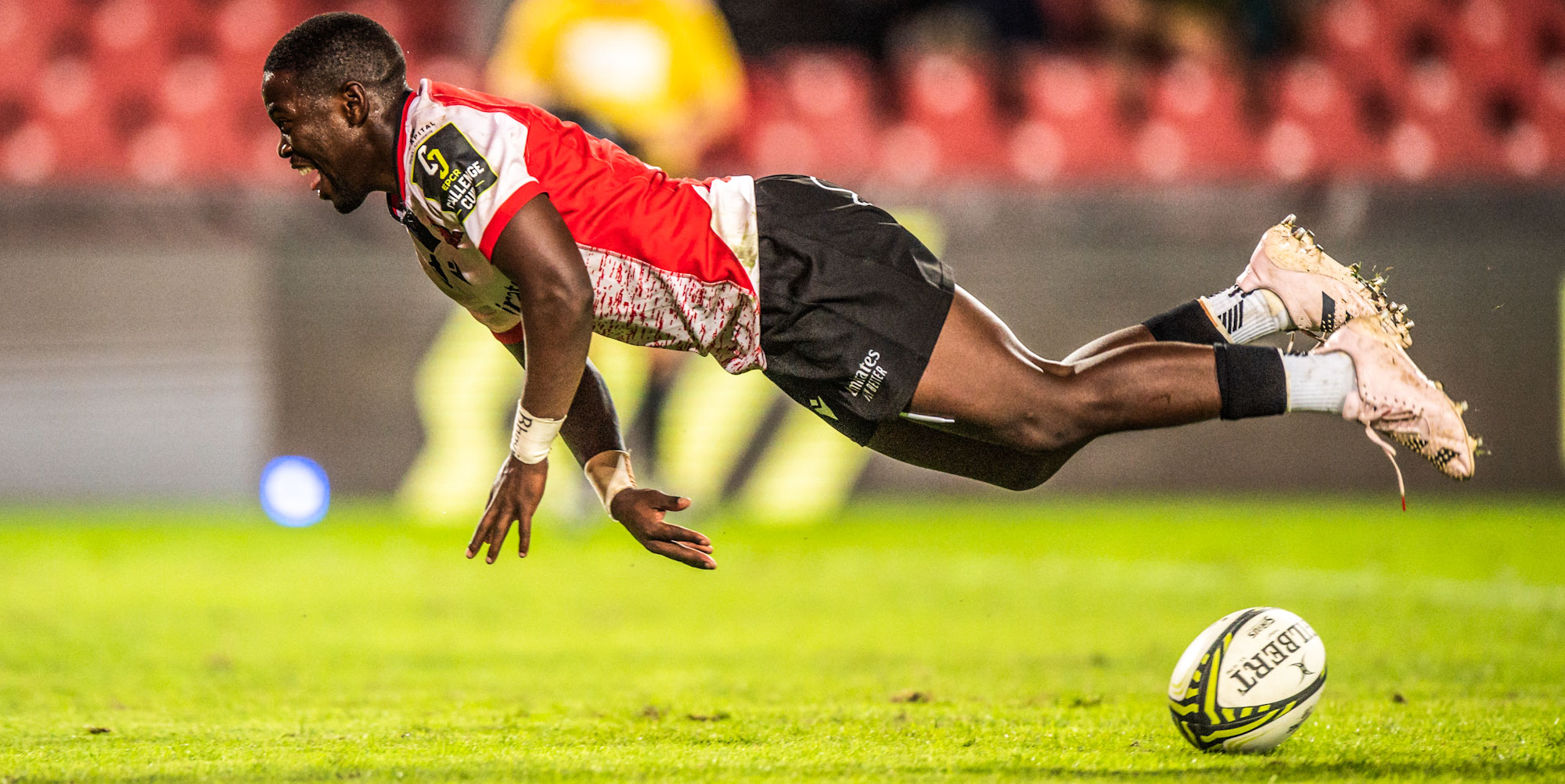 JOHANNESBURG, SOUTH AFRICA - APRIL 01: Sanele Nohamba of the Emirates Lions scoring his try during the EPCR Challenge Cup, round of 16 match between Emirates Lions and Racing 92 at Emirates Airline Park on April 01, 2023 in Johannesburg, South Africa. (Photo by Christiaan Kotze/Gallo Images)