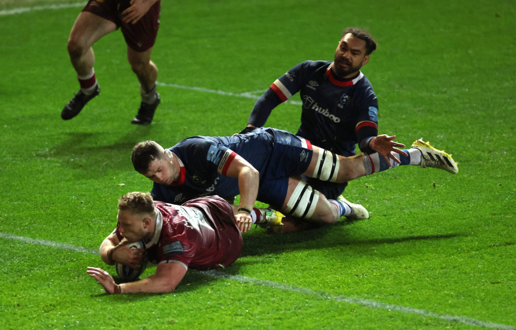 Sale Sharks' Jean-Luc du Preez scores his side's second try of the game during the Gallagher Premiership match at Ashton Gate, Bristol. Picture date: Friday April 14, 2023. (