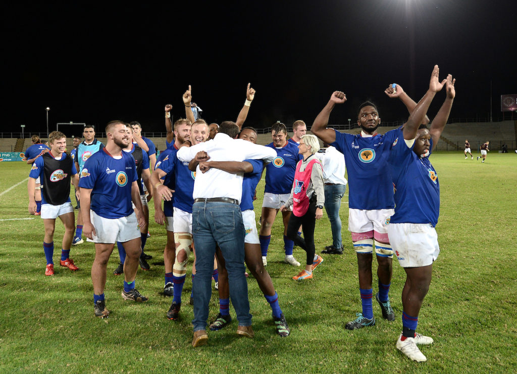 Shimlas players celebrating after beating Maties during the 2023 Varsity Cup Round 7 match between Maties and UFS at the Danie Craven Stadium, Stellenbosch,