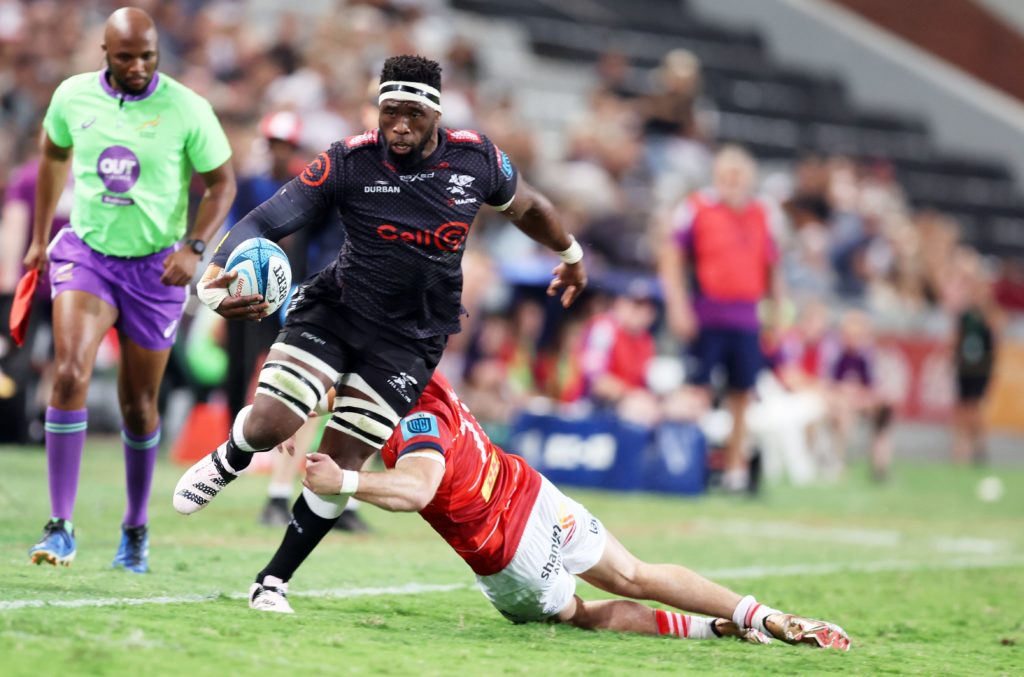 (13882859s) Cell C Sharks vs Munster. Shane Daly of Munster Rugby tackles Siya Kolisi of the Cell C Sharks BKT United Rugby Championship, Hollywoodbets Kings Park, Durban, South Africa - 22 Apr 2023