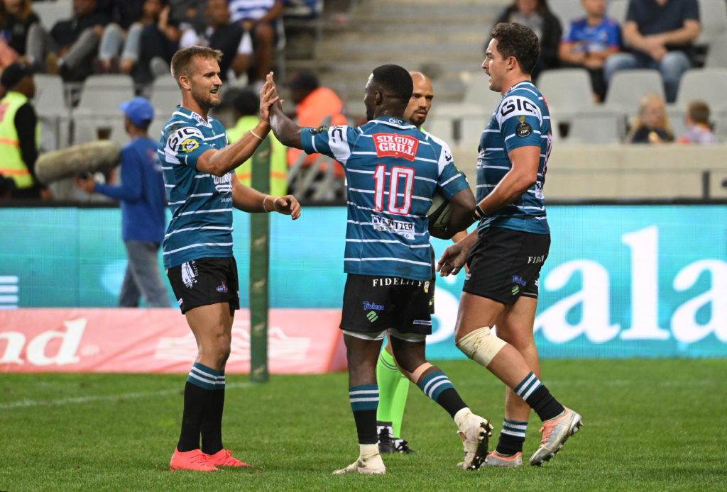 CAPE TOWN, SOUTH AFRICA - APRIL 01: Windhoek Draught Griquas celebrate the try of Eddie Fouche of Griquas during the Currie Cup, Premier Division match between DHL Western Province and Windhoek Draught Griquas at DHL Stadium on April 01, 2023 in Cape Town, South Africa. (Photo by Thinus Maritz/Gallo Images)