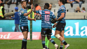 CAPE TOWN, SOUTH AFRICA - APRIL 01: Windhoek Draught Griquas celebrate the try of Eddie Fouche of Griquas during the Currie Cup, Premier Division match between DHL Western Province and Windhoek Draught Griquas at DHL Stadium on April 01, 2023 in Cape Town, South Africa. (Photo by Thinus Maritz/Gallo Images)