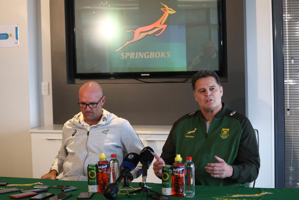 South African coach Jacques Nienaber and South African Director of Rugby Rassie Erasmus during the 2023 South Africa Rugby media briefing held at SARU House in Cape Town on 25 May 2023