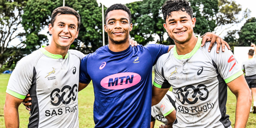 DURBAN, SOUTH AFRICA - MAY 15: (l-r) Neil Le Roux, Grant Williams and Imad Khan during the SA Rugby Academy training session at Durban High School on May 15, 2023 in Durban, South Africa. (Photo by Darren Stewart/Gallo Images)