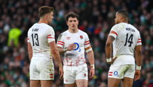 Dublin , Ireland - 18 March 2023; England players, from left, Henry Slade, Henry Arundell and Anthony Watson during the Guinness Six Nations Rugby Championship match between Ireland and England at the Aviva Stadium in Dublin.