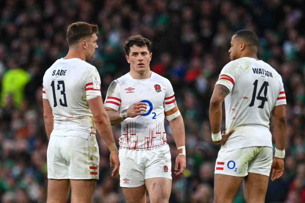 Henry Arundell Dublin , Ireland - 18 March 2023; England players, from left, Henry Slade, Henry Arundell and Anthony Watson during the Guinness Six Nations Rugby Championship match between Ireland and England at the Aviva Stadium in Dublin.