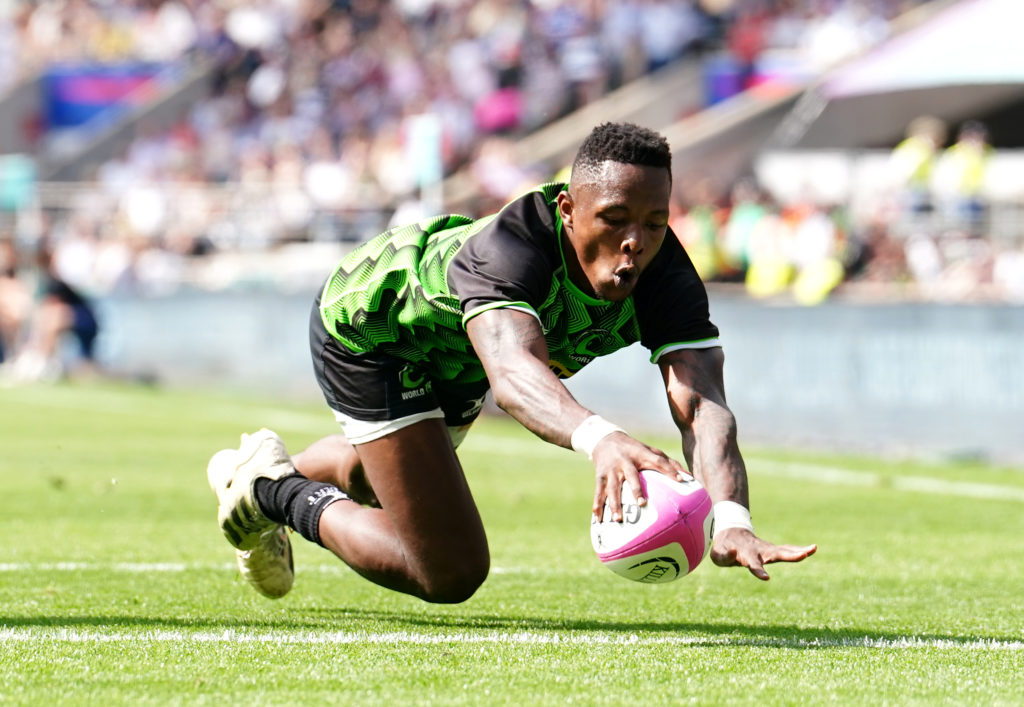 World XV's Sbu Nkosi scores a try during the Killik Cup match at Twickenham Stadium, London. Picture date: Sunday May 28, 2023. (