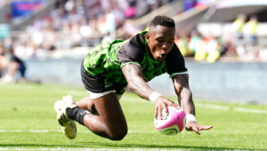World XV's Sbu Nkosi scores a try during the Killik Cup match at Twickenham Stadium, London. Picture date: Sunday May 28, 2023. (