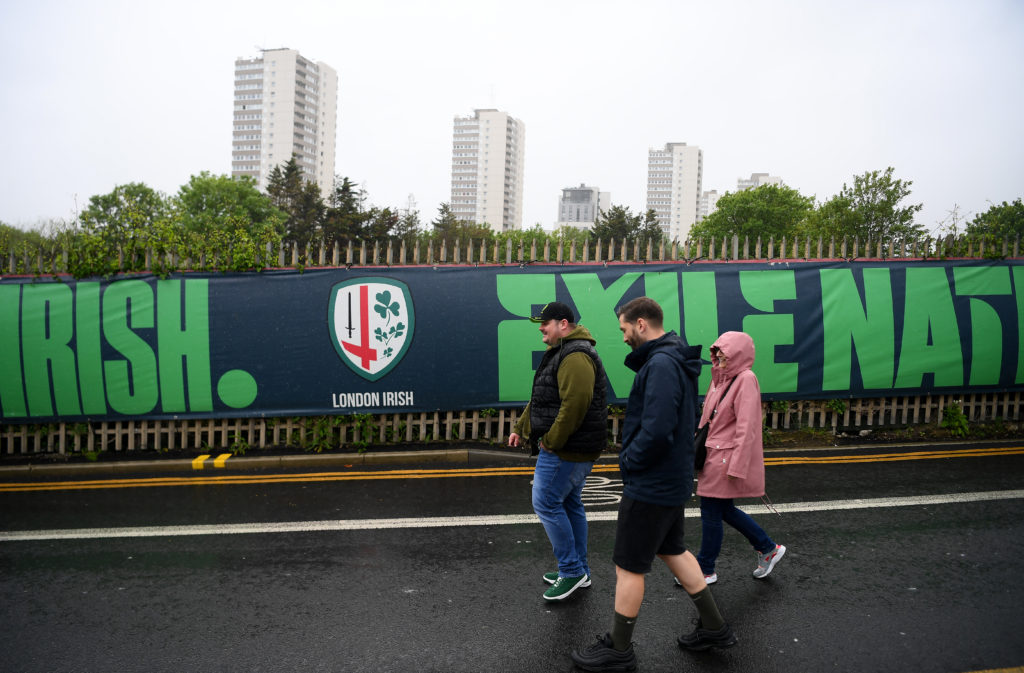 BRENTFORD, ENGLAND - MAY 06: Fans arrive outside the stadium during the Gallagher Premiership Rugby match between London Irish and Exeter Chiefs at Gtech Community Stadium on May 06, 2023 in Brentford, England.