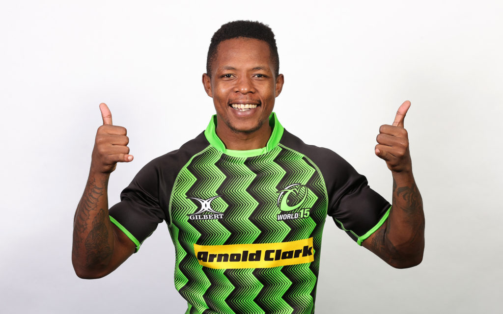 TEDDINGTON, ENGLAND - MAY 23: Sbu Nkosi poses during a World XV squad portraits session at The Lensbury on May 23, 2023 in Teddington, England. The World XV will play against the Barbarians at Twickenham on Sunday 28 May.