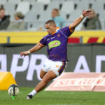 Jaywinn Juries of the Griffons kicks a conversion during the 2023 Currie Cup match between the Western Province and Griffons held at Cape Town Stadium in Cape Town on 08 April 2023 ©Shaun Roy/BackpagePix