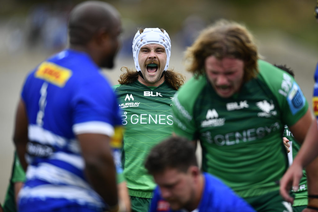 STELLENBOSCH, SOUTH AFRICA - SEPTEMBER 24:Mack Hansen of Connacht celebrate try by Niall Murray during the United Rugby Championship match between DHL Stormers and Connacht at Danie Craven Stadium on September 24, 2022 in Stellenbosch, South Africa