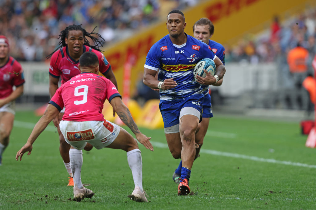 CAPE TOWN, SOUTH AFRICA - MAY 06: Leolin Zas of Stormers during the United Rugby Championship quarter final match between DHL Stormers and Vodacom Bulls at DHL Stadium on May 06, 2023 in Cape Town, South Africa.