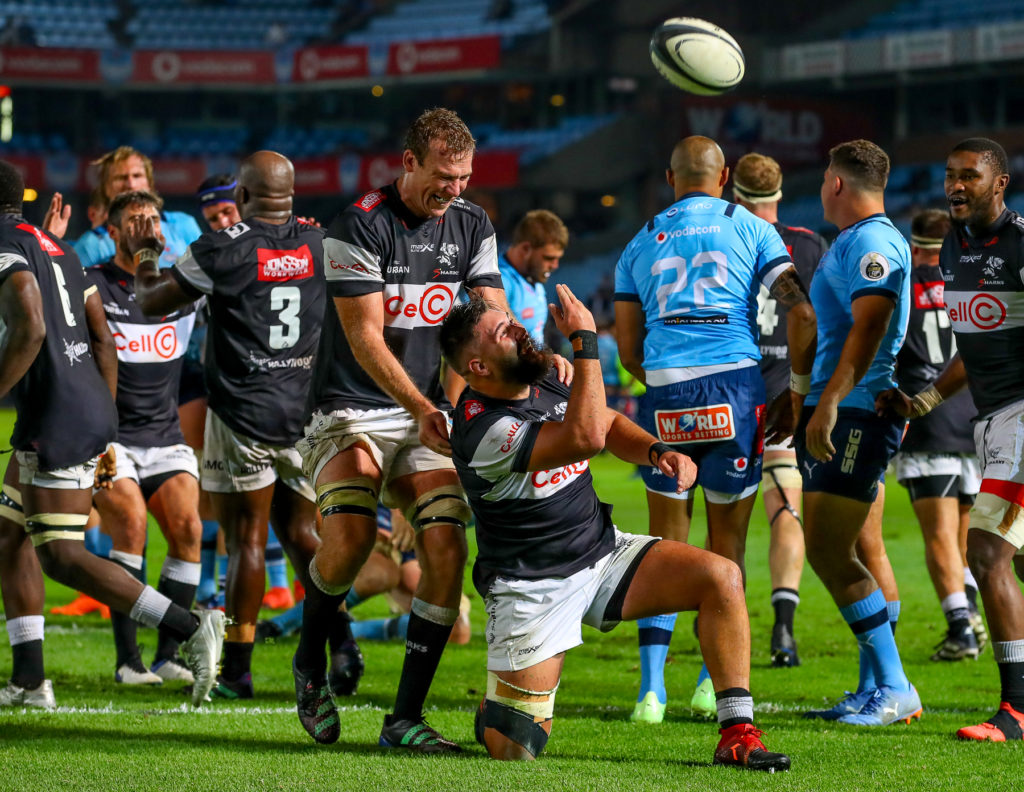 PRETORIA, SOUTH AFRICA - MAY 06: Dameon Venter of the Cell C Sharks celebrates after scoring his try during the Currie Cup, Premier Division match between Vodacom Bulls and Cell C Sharks at Loftus Versfeld on May 06, 2023 in Pretoria, South Africa.