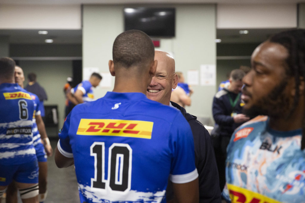 John Dobson and Manie Libbok in the Stormers change room