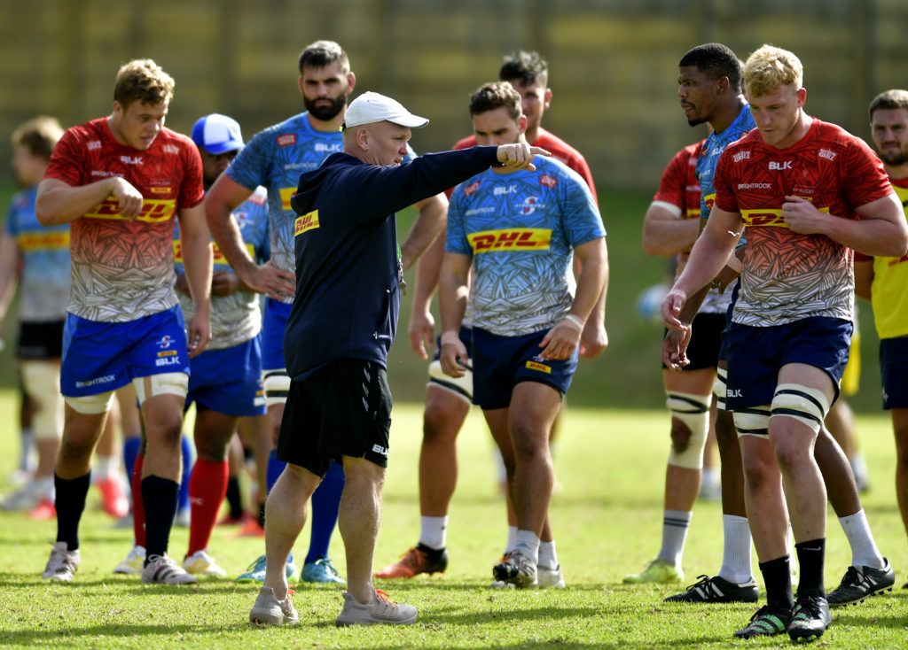 CAPE TOWN, SOUTH AFRICA - MAY 23: John Dobson chats with the forwards during the DHL Stormers and DHL Western Province joint training session at High Performance Centre on May 23, 2023 in Cape Town, South Africa.