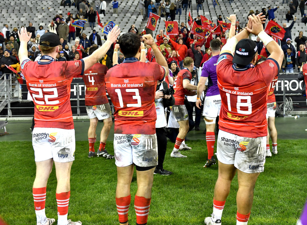 CAPE TOWN, SOUTH AFRICA - MAY 27: Munster celebrate after winning the Grand Final during the United Rugby Championship final match between DHL Stormers and Munster at DHL Stadium on May 27, 2023 in Cape Town, South Africa. (Photo by Ashley Vlotman/Gallo Images)