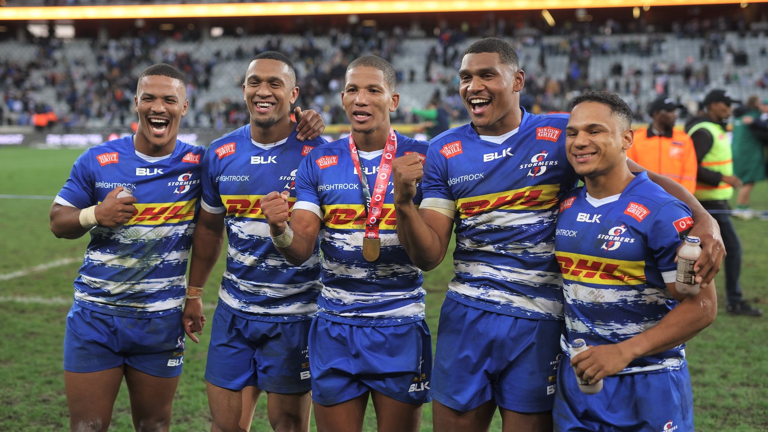 Angelo Davids, Leolin Zas, Manie Libbok, Damian Willemse and Herschel Jantjies after the Stormers' United Rugby Championship semi-final victory over Connacht